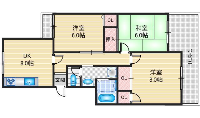 茨木上穂積5棟(3DK/5階)の間取り写真
