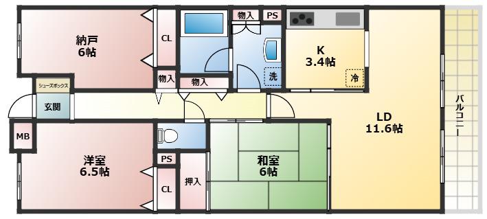 甲子園三番町ハイツ(2SLDK/1階)の間取り写真