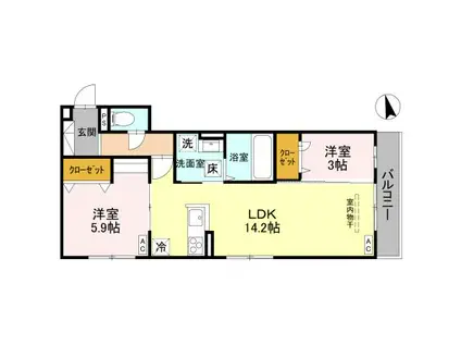 富山地鉄富山港線 越中中島駅 徒歩9分 2階建 築1年(2LDK/1階)の間取り写真