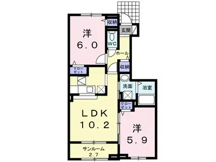 富山地鉄不二越上滝 大泉駅(富山) バス乗車時間:6分 高原町バス停で下車 徒歩1分 2階建 築10年(2LDK/1階)の間取り写真