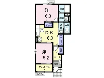 富山地鉄本線 東新庄駅 徒歩6分 2階建 築14年(2DK/1階)の間取り写真