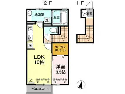 富山地鉄富山港線 奥田中学校前駅 徒歩7分 2階建 築10年(1LDK/2階)の間取り写真