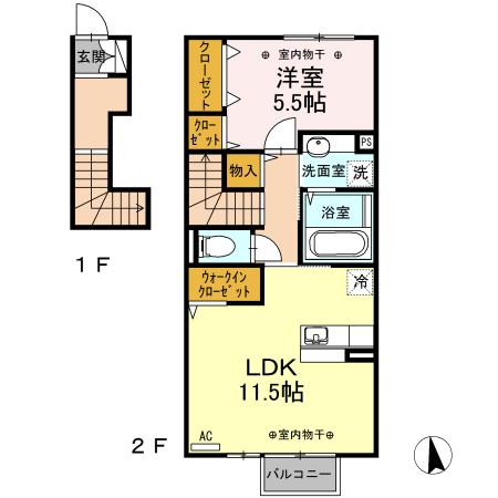 富山地鉄不二越上滝 南富山駅 徒歩52分 2階建 築11年(1LDK/2階)の間取り写真