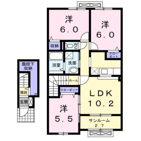 富山地鉄富山港線 蓮町駅(馬場記念公園前) 徒歩3分 2階建 築13年(3LDK/2階)の間取り写真
