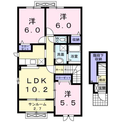 富山地鉄本線 越中荏原駅 徒歩28分 2階建 築13年(3LDK/2階)の間取り写真