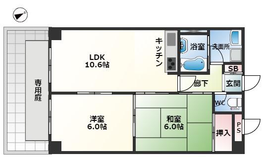 ラ・フェスタ豊中(2LDK/1階)の間取り写真