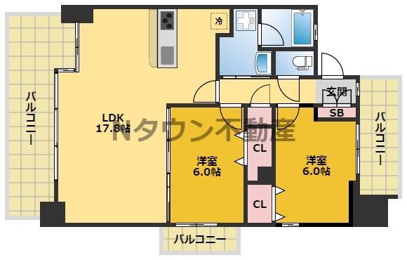 茶屋ヶ坂ライズ(2LDK/9階)の間取り写真