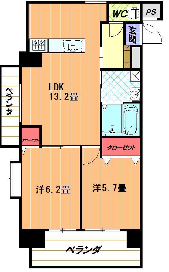 ひかりハイツ石手川(2LDK/10階)の間取り写真