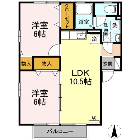 Y・サイレントビレッジ久万ノ台 A棟 B棟(2LDK/1階)の間取り写真
