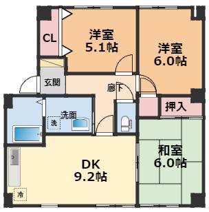 フォブールトロワ片岡(3DK/3階)の間取り写真