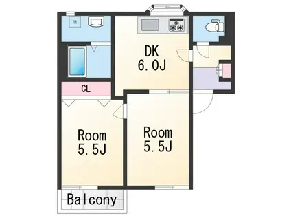 阪和線 六十谷駅 徒歩10分 2階建 築39年(2DK/2階)の間取り写真