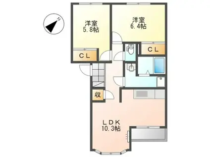 ソレイユB棟(2LDK/2階)の間取り写真