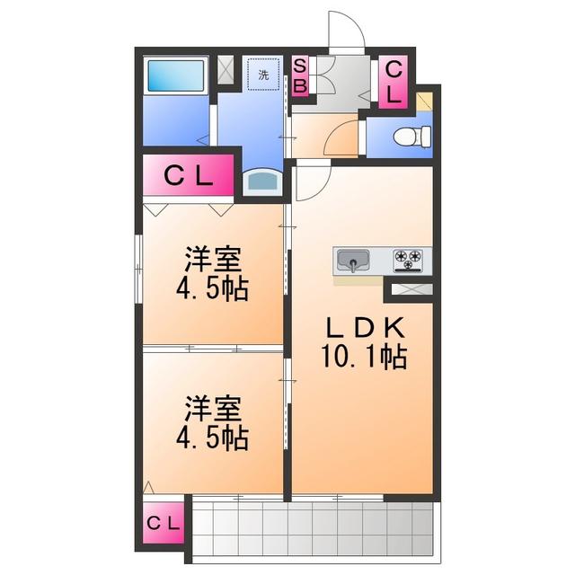 O NE KISHIWADA(2LDK/2階)の間取り写真