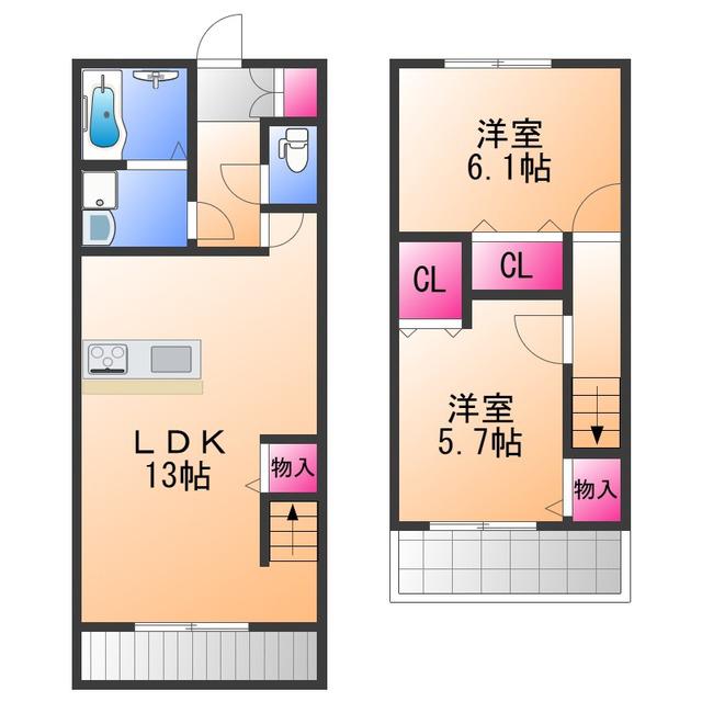 アゼーヒル(2LDK/2階)の間取り写真