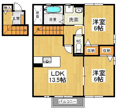 ウィルコート大松 B棟(2LDK/2階)の間取り写真