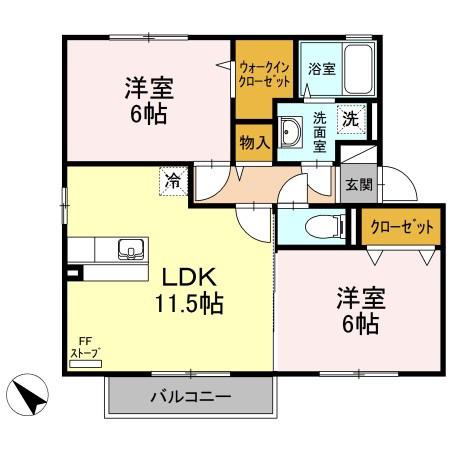 カーサ・オリーブC(2LDK/2階)の間取り写真