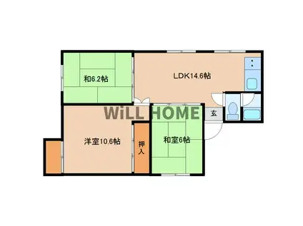 阪和線 和歌山駅 徒歩9分 3階建 築53年(3LDK/3階)の間取り写真