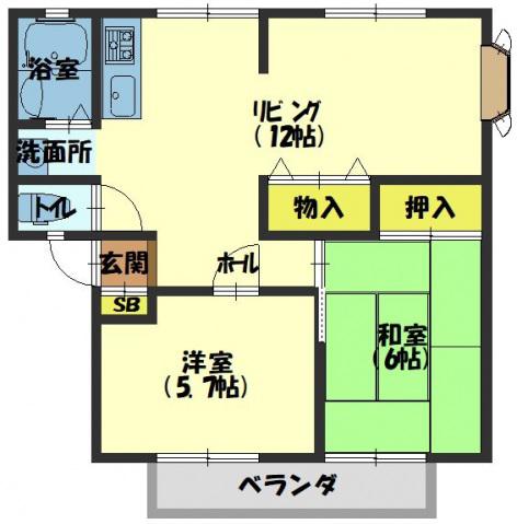 ルミエールB棟(2LDK/1階)の間取り写真
