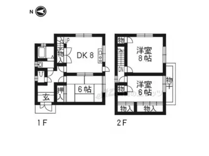 京都市烏丸線 北大路駅 バス乗車時間:15分 ゴルフ場前バス停で下車 徒歩3分 2階建 築55年(3DK)の間取り写真