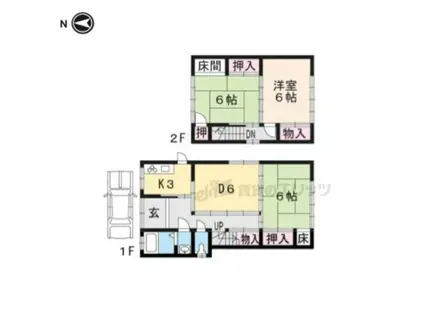 京阪電気鉄道鴨東線 出町柳駅 バス乗車時間:20分 市原駅前バス停で下車 徒歩7分 2階建 築63年(3DK)の間取り写真