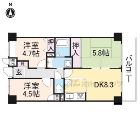 ライオンズマンション大和八木(3DK/5階)の間取り写真