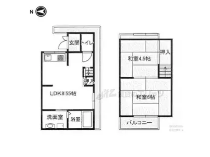 山陰本線 二条駅 徒歩10分 2階建 築57年(2LDK)の間取り写真