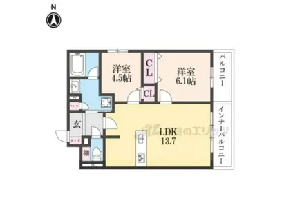 グランディールA&N出町柳(2LDK/2階)の間取り写真