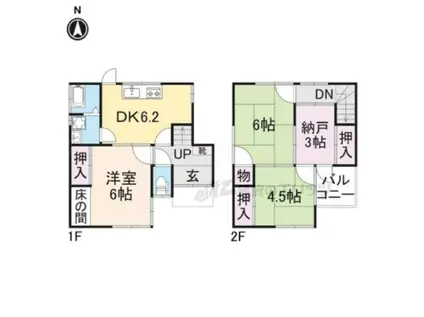 近鉄難波・奈良線 富雄駅 徒歩6分 2階建 築50年(3DK)の間取り写真