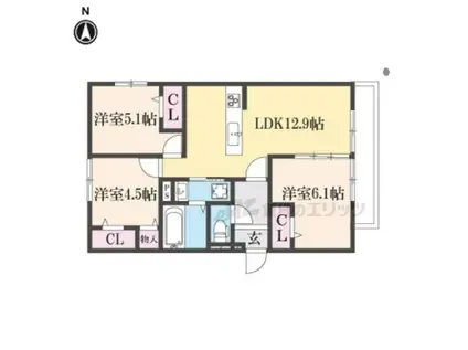 嵯峨広沢西裏町D-ROOM(3LDK/1階)の間取り写真
