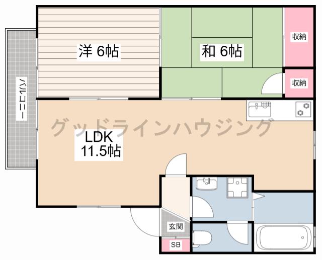 アメリオ闘竜 B棟(2LDK/1階)の間取り写真