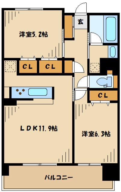 グラディート町田(2LDK/13階)の間取り写真