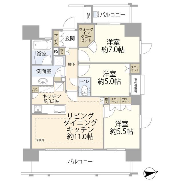 グランテム本厚木(3LDK/11階)の間取り写真