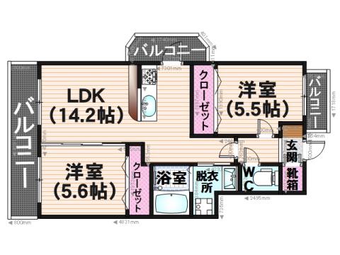 ビートル若久(2LDK/2階)の間取り写真