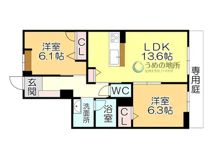 シャーメゾンレジデンス夜明(2LDK/1階)の間取り写真