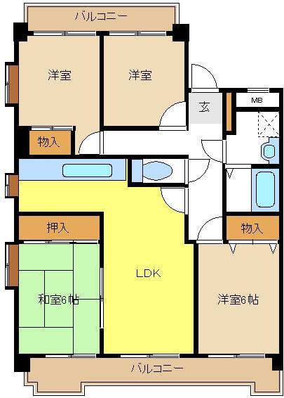 スカイヒルズ植田(4LDK/5階)の間取り写真