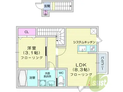 ESCONDIT卸町2(1LDK/2階)の間取り写真