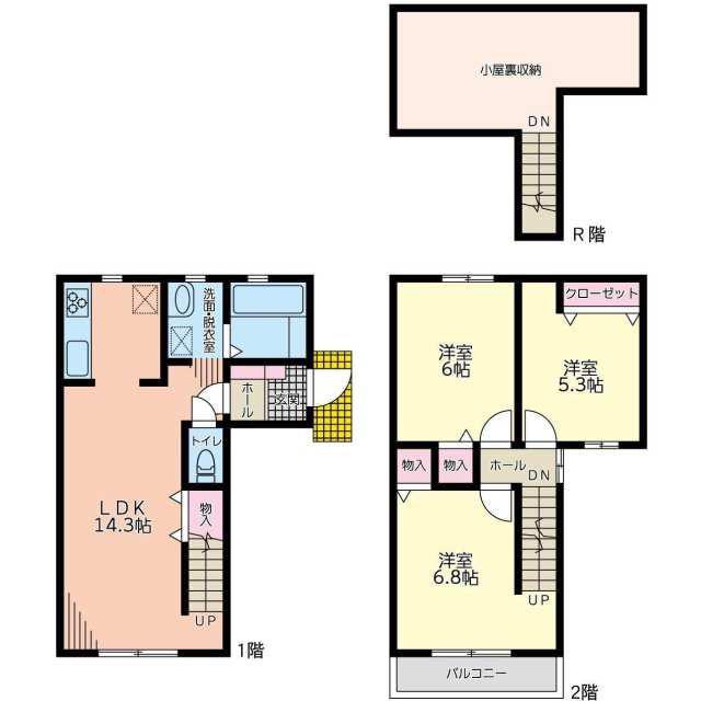 座間市入谷テラスハウス(3SLDK/1階)の間取り写真