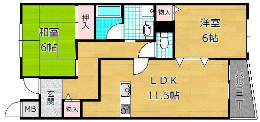 メロディハイム楠葉(2LDK/3階)の間取り写真