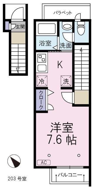 サウスサイド(1K/2階)の間取り写真
