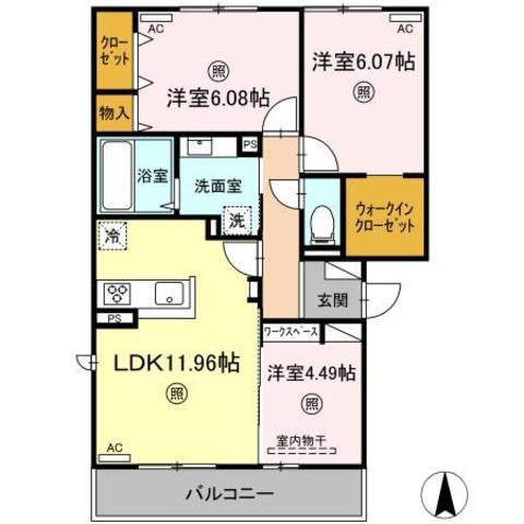サンライズ明治北 B棟(3LDK/3階)の間取り写真