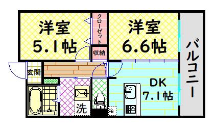 クリスタルウイング輝(2DK/2階)の間取り写真