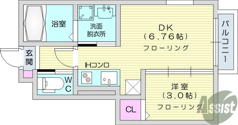 グランドール若林2(1DK/1階)の間取り写真