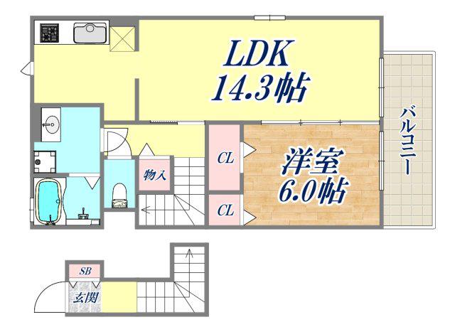 ヴィラージュ桜ガ丘(1LDK/2階)の間取り写真