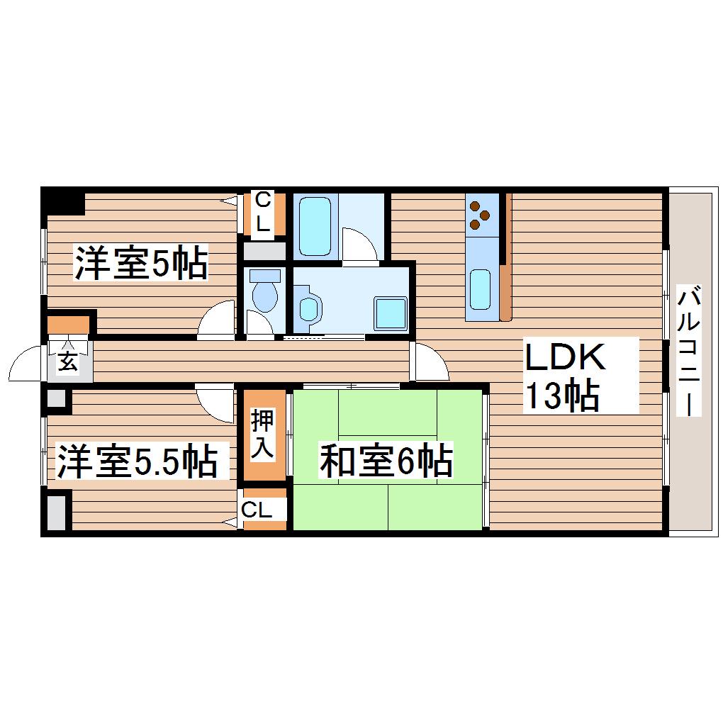 アーバングレイス富沢(3LDK/2階)の間取り写真