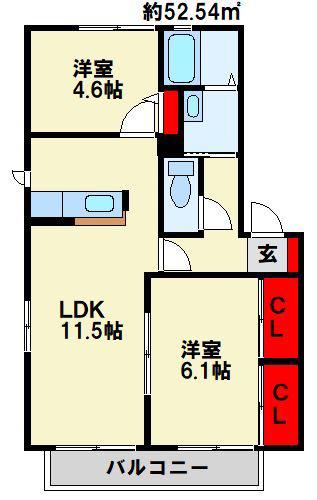 グランレーヴ B棟(2LDK/1階)の間取り写真