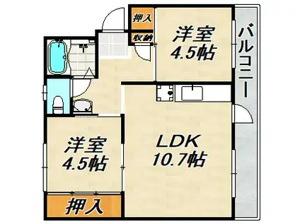 ドミールサニー君影町1号棟(2LDK/4階)の間取り写真