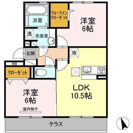 ボナール下硯川(2LDK/1階)の間取り写真