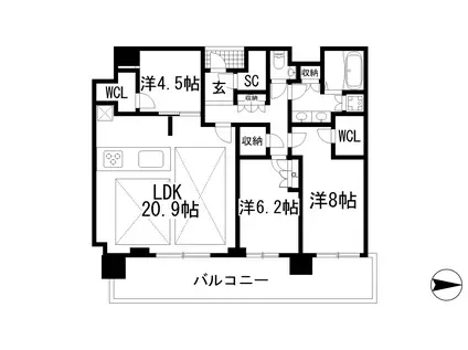 ジオタワー宝塚グランレジスTHE ノース(3LDK/32階)の間取り写真