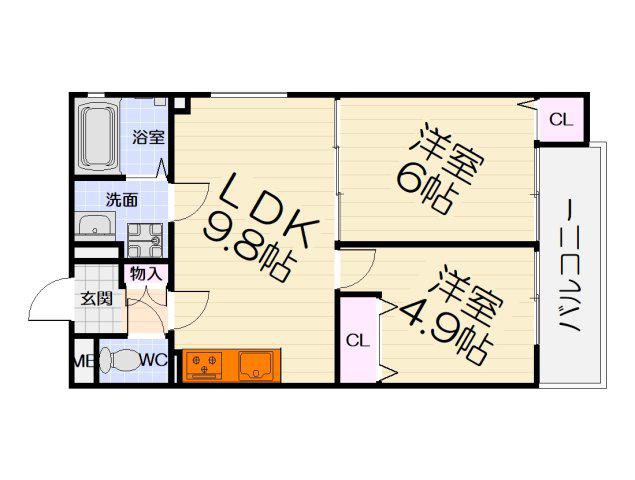 CASA CALMA菱木(2LDK/3階)の間取り写真