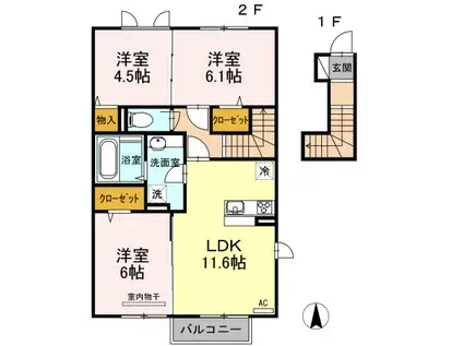 ヴィルヌーブ相坂 C棟(3LDK/2階)の間取り写真